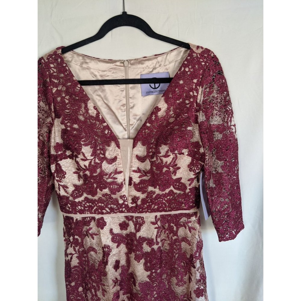 JS Collection Floral Embroidered Lace Gown 6 Wine Red/Rose - Picture 5 of 11